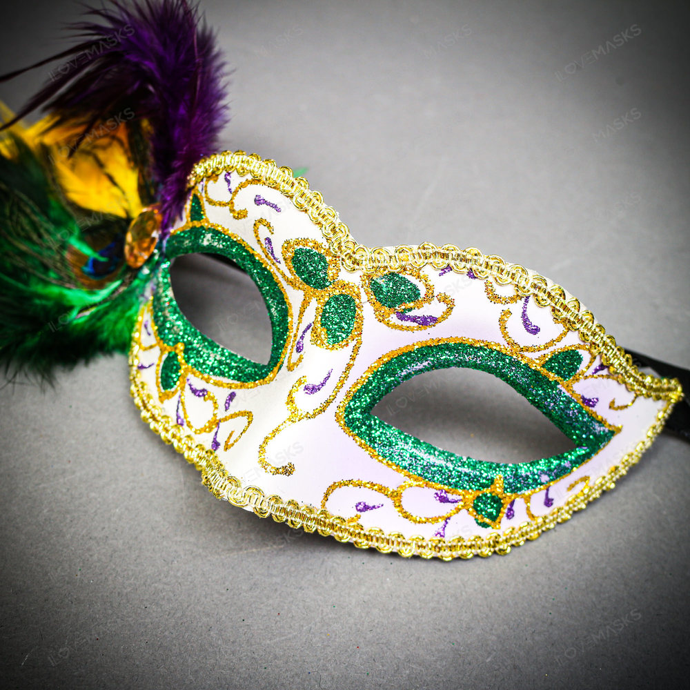 Venetian Black Ball Warrior Men & Women Feather Green Glitter Eye Couple Mask - Picture 4 of 6